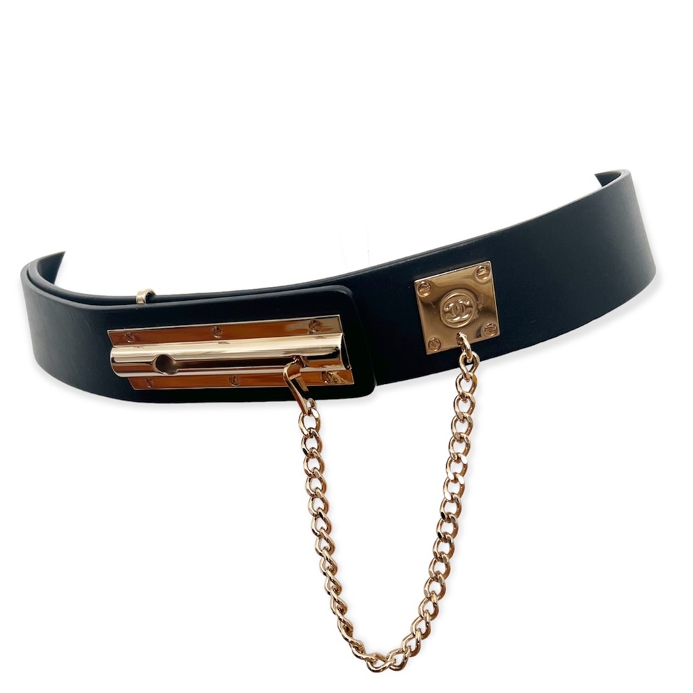Chanel Belt Leather Gold Hardware Closure Chain Link Black Size 34